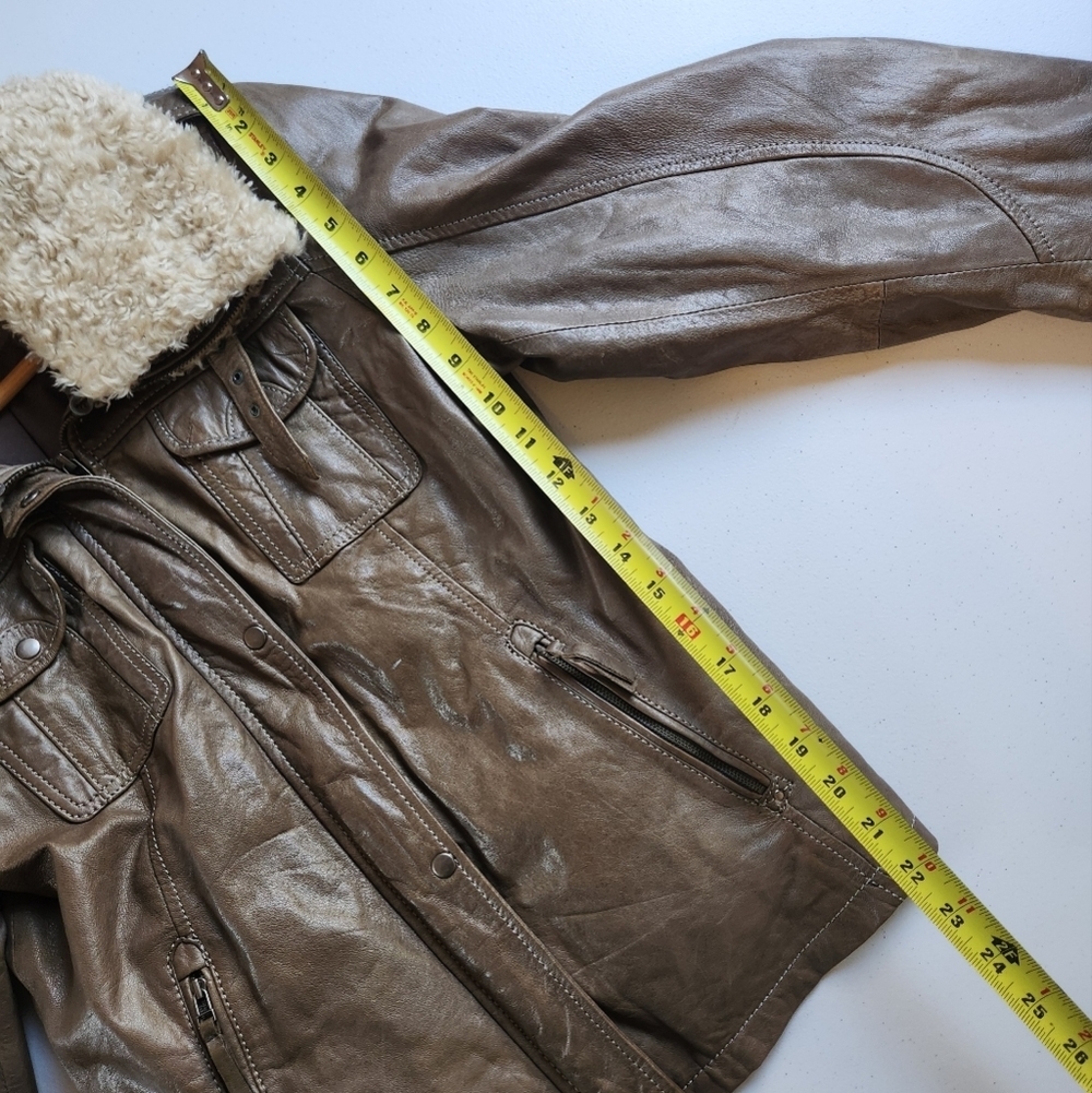 Vintage Leather Jacket Green Aviator Shearling Collar Cuffs 1990s Womens Medium - Picture 16 of 16